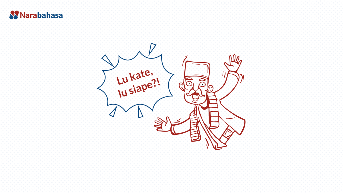 Ilustrasi pria menggunakan pakaian khas betawi dan menggunakan dialek betawi