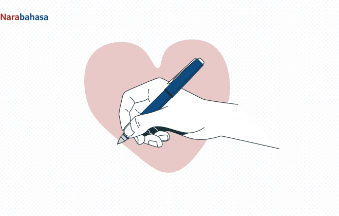Ilustrasi tangan memegang pena yang menggambarkan menulis dengan sepenuh hati